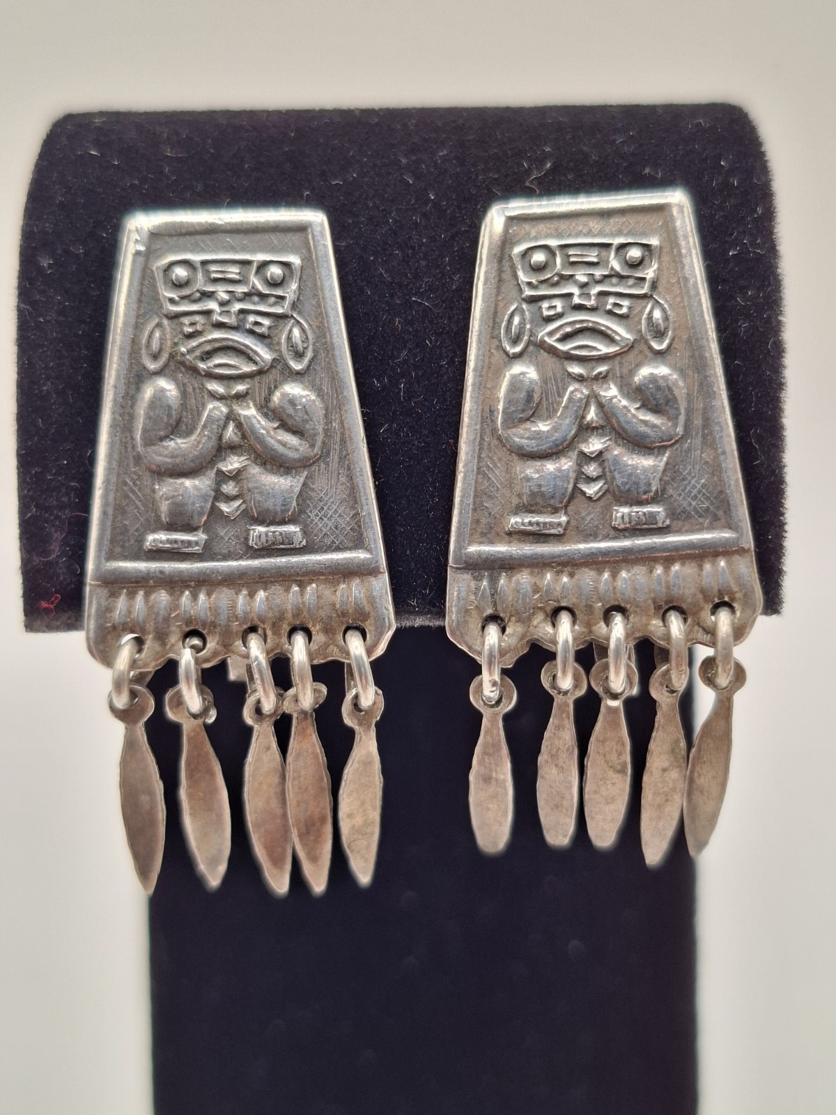 Vintage Silver Peruvian Tumi Screw Back Earrings 900 Silver Dangle Fringe