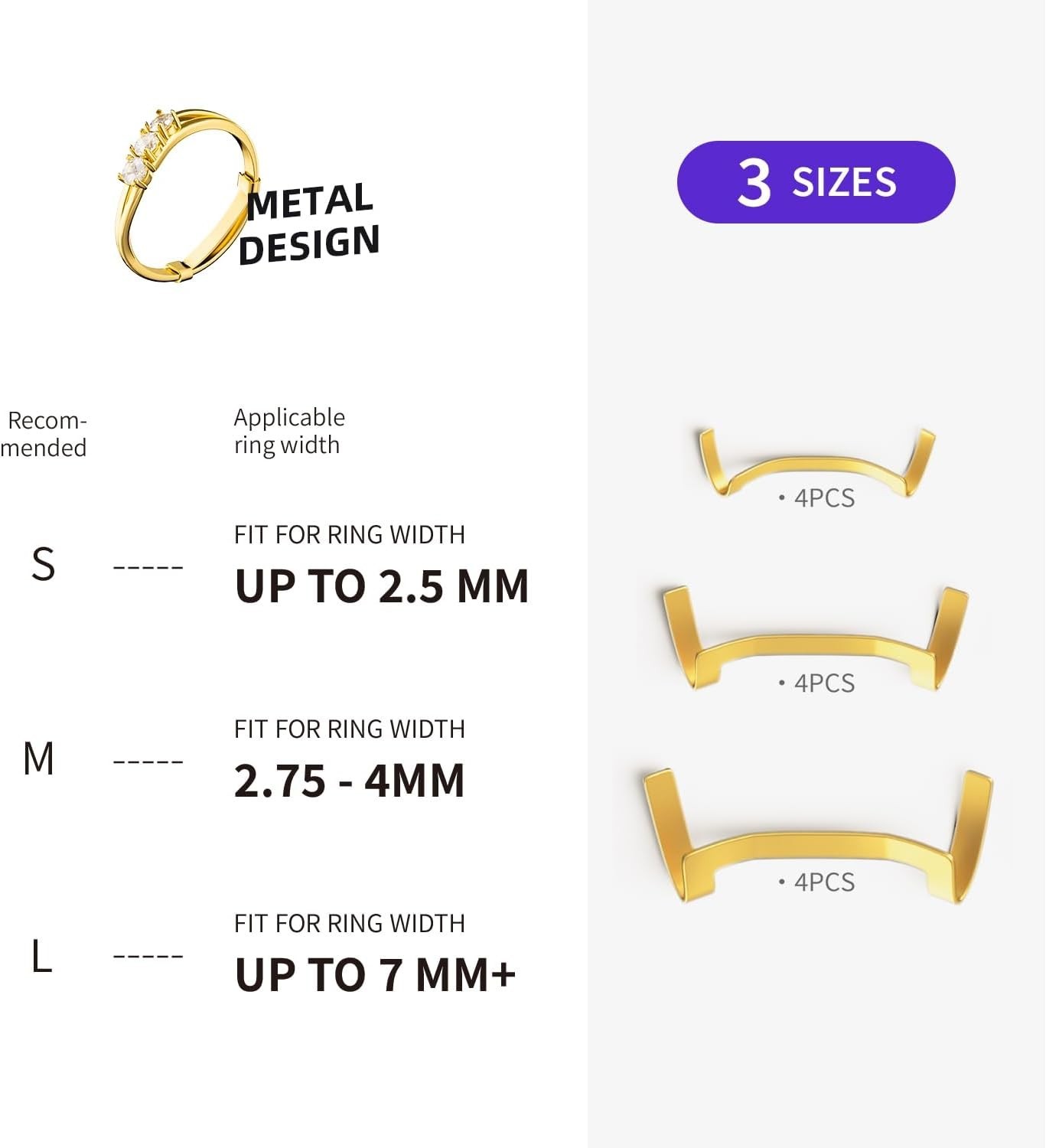 Filled Metal Ring Guard Set 12 Pack for Loose Rings, 3 Sizes, Gold Silver Colors