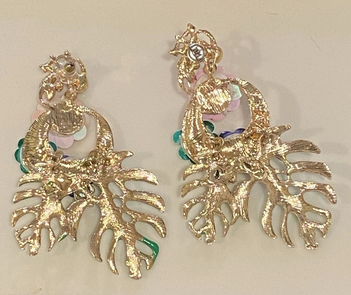 Vintage Flowers and Palm Leaf Drop Pierced Earrings 3.5 Inches Long Multi-color