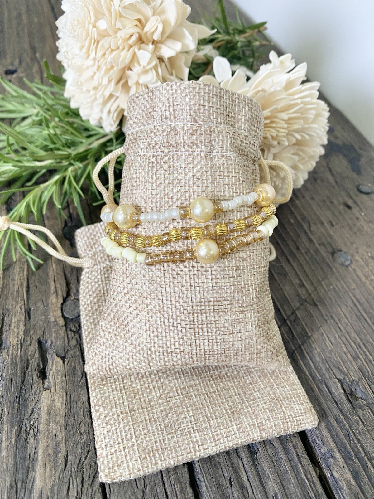 Glass Bead Stretch Bracelet Set, 3 Pieces, Gold & White Beads