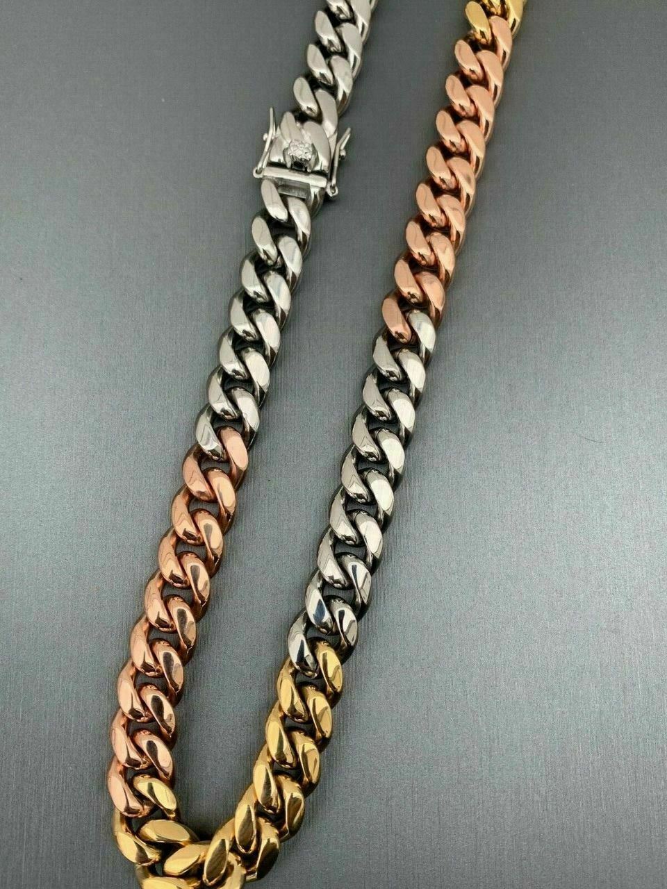 12mm Men’s Miami Cuban Link Chain 3 Tri Color Real Gold Plated Stainless 18-30″