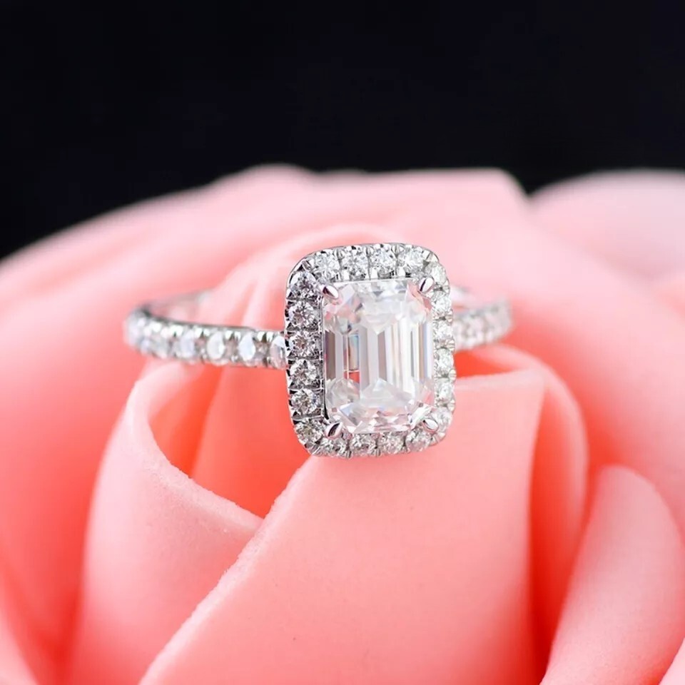 Solid 14K White Gold Moissanite Halo Engagement Ring Emerald Cut 2 Carat F/VVS1
