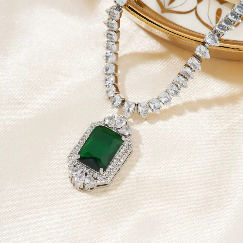 35 Ctw Emerald Lab Created Green Emerald Diamond Necklace 14K White Gold Plated