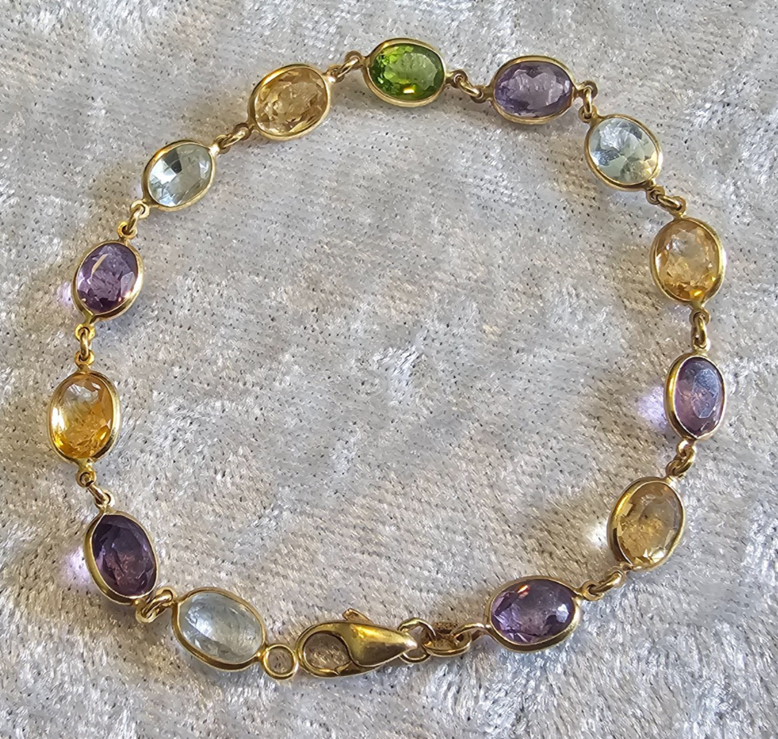 18k Solid Gold Bracelet Faceted Multicolor Bezel Set Gemstone 7.5″ Italy