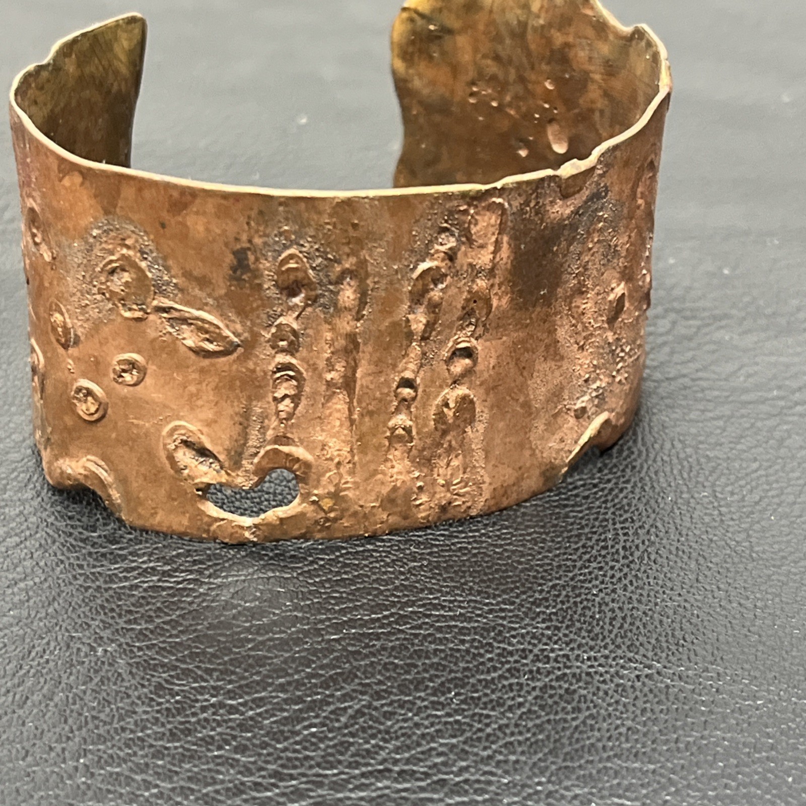 Copper Cuff Bracelet Artisan Heart stamp brutalist 1.5″ wide