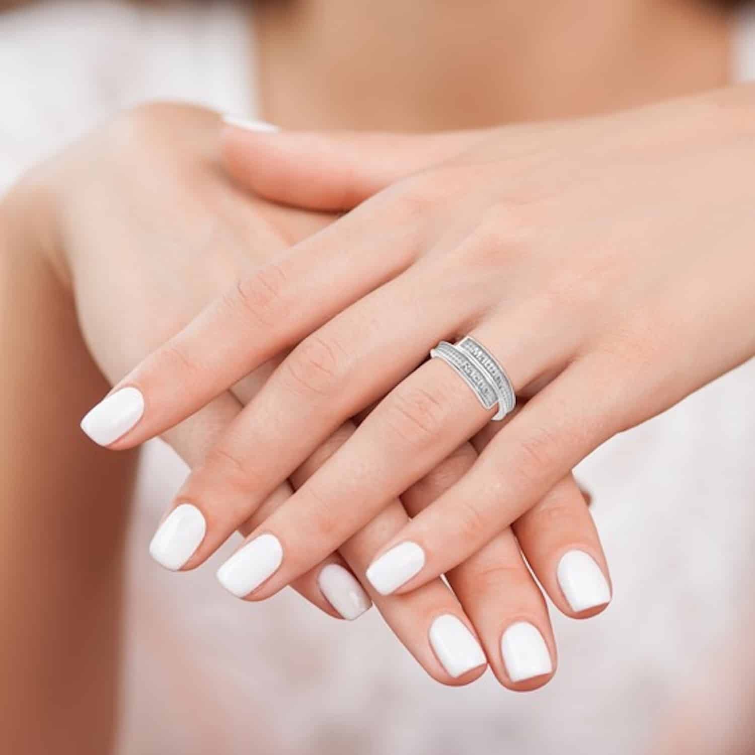 Personalized 14K White Gold Rose Custom Textured Band Name Ring