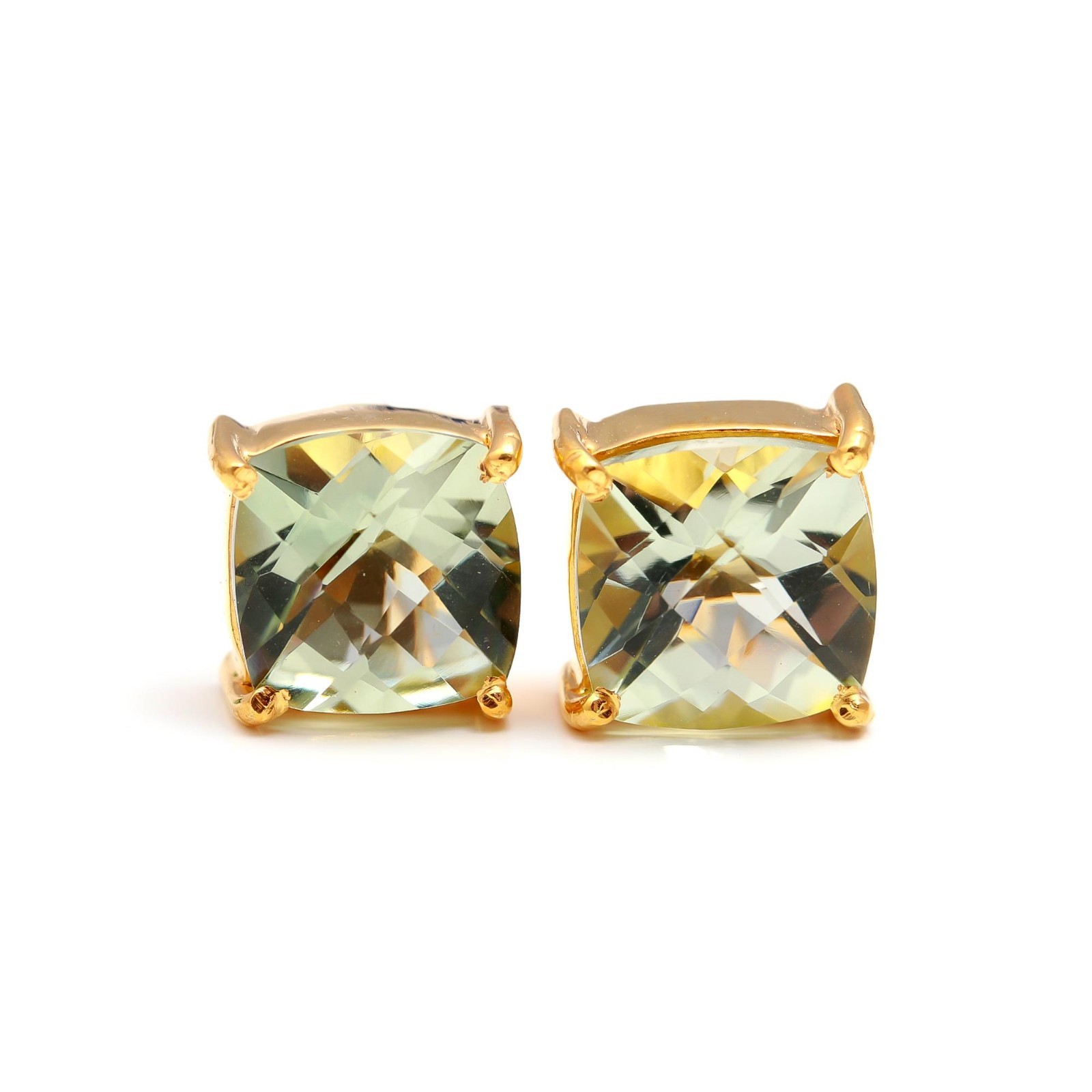 Natural Green Amethyst Cushion Stud Earrings Gold Plated Solid Silver Jewelry