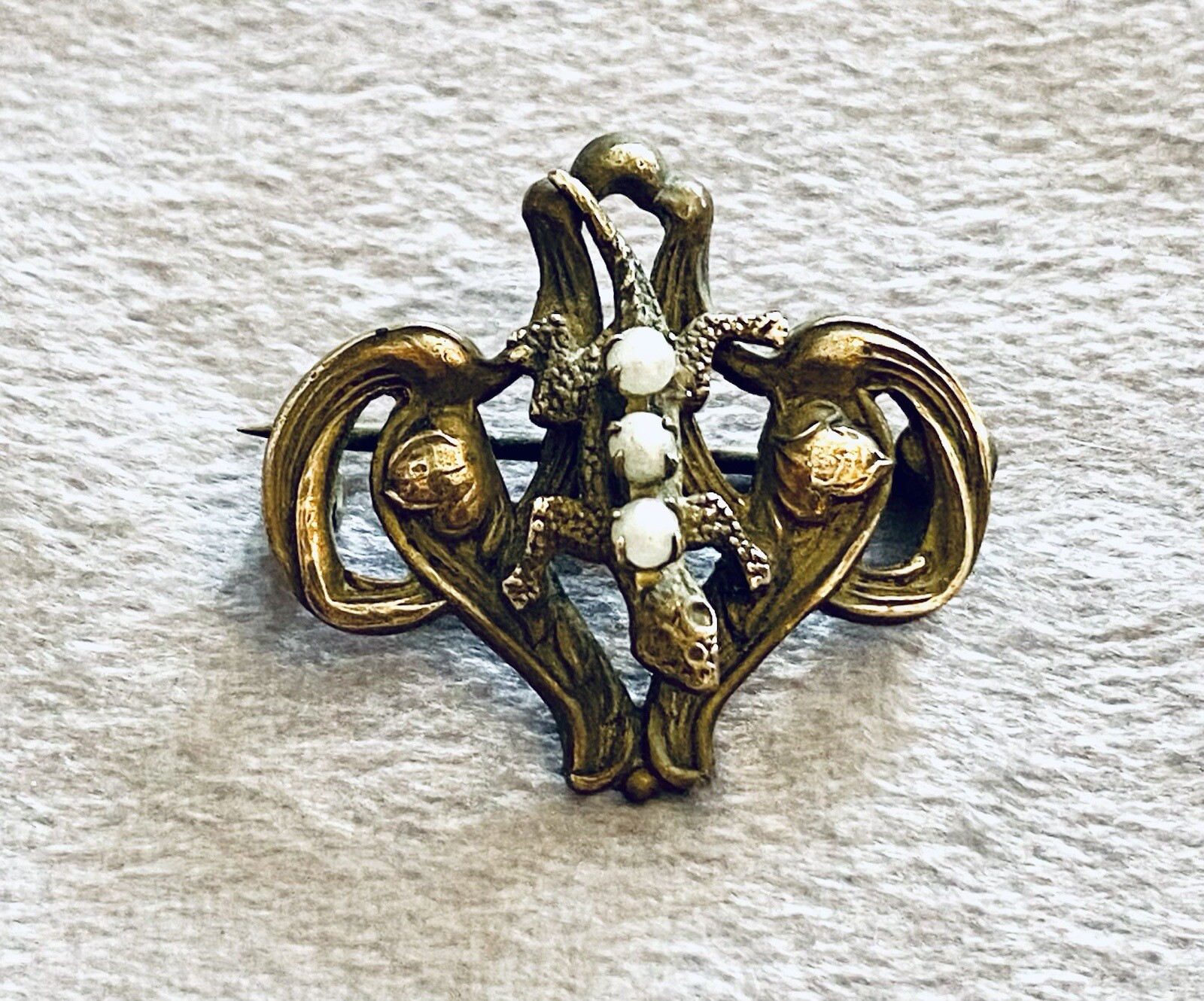 Victorian Unique Ornate Lizard Gold Filled 1” Bar Pin with Seed Pearl Accent