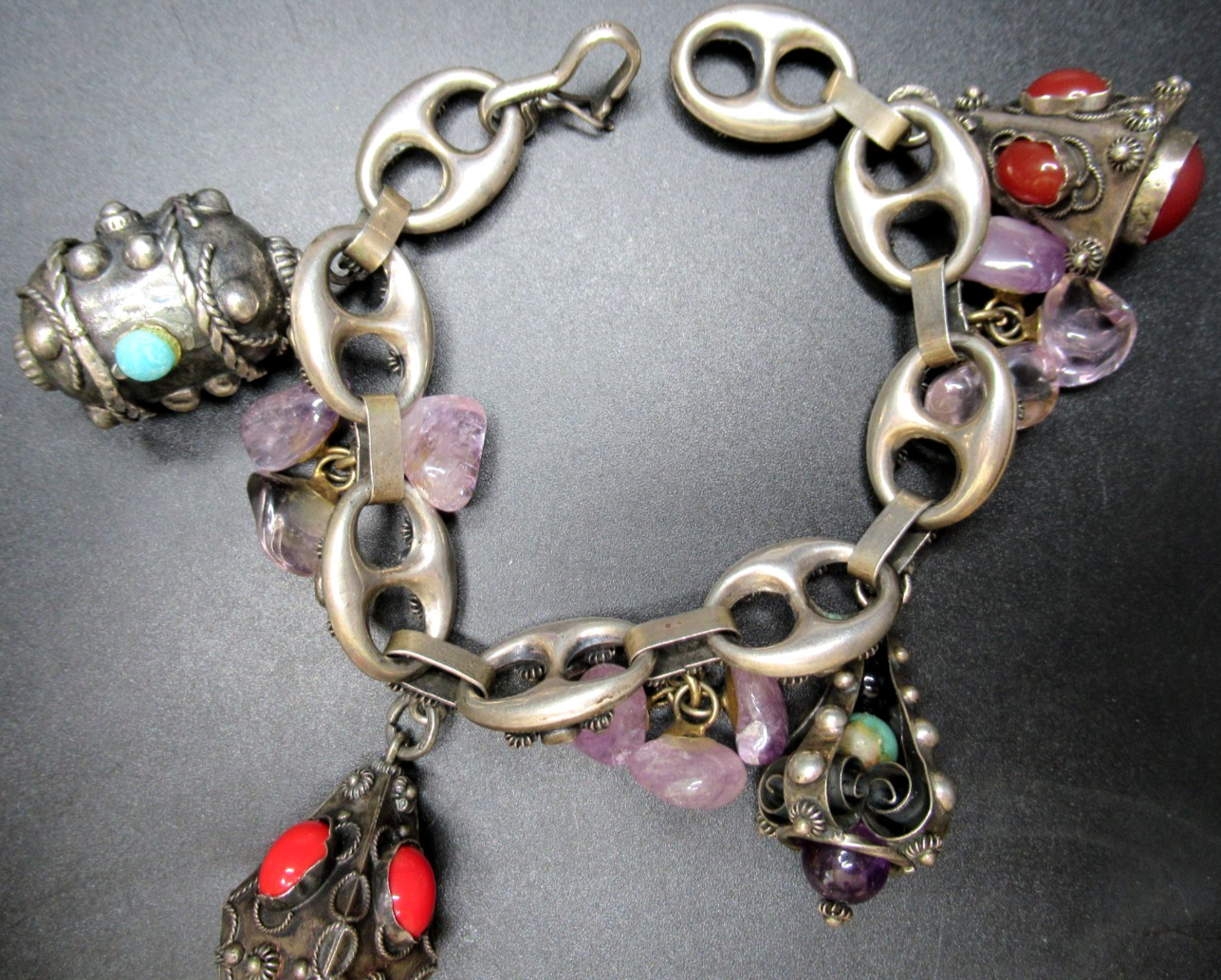 Gorgeous Italian Jeweled Mariner 800 Silver Vintage Bracelet