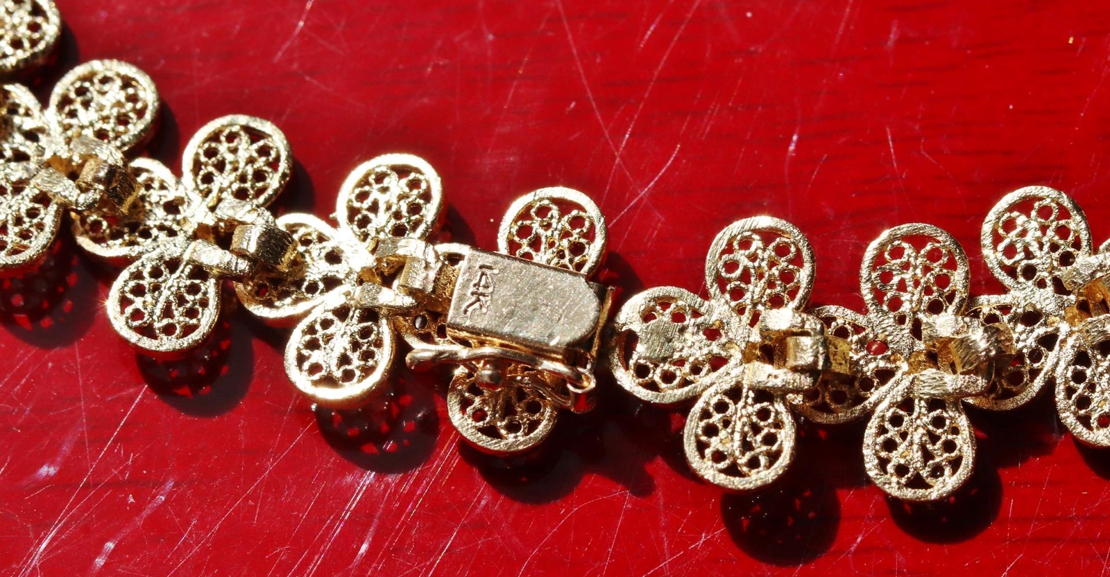 14k yellow gold bracelet 7.25″ diamond cut flower link chain handmade 15.7g N307