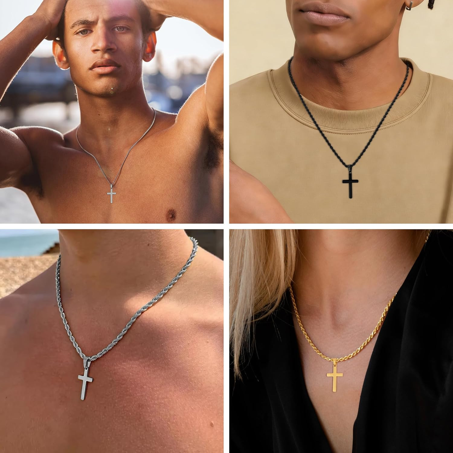 Cross Necklace for Boys Mens Stainless Steel Twisted Rope Chain Cross Pendant Ru