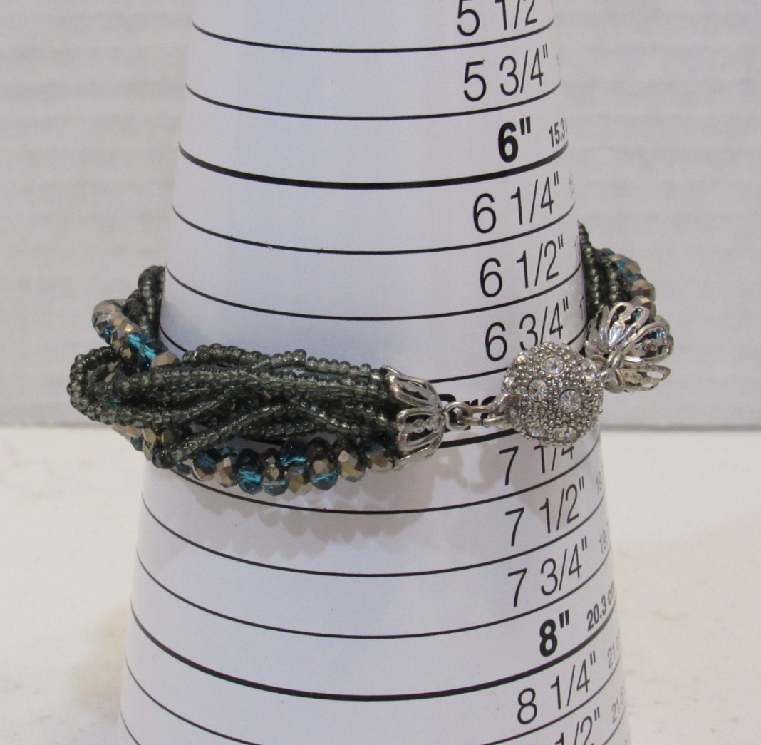 Set of 3 Beaded Bracelets Magnetic Rhinestone Clasp Multi-Strand Black Gold