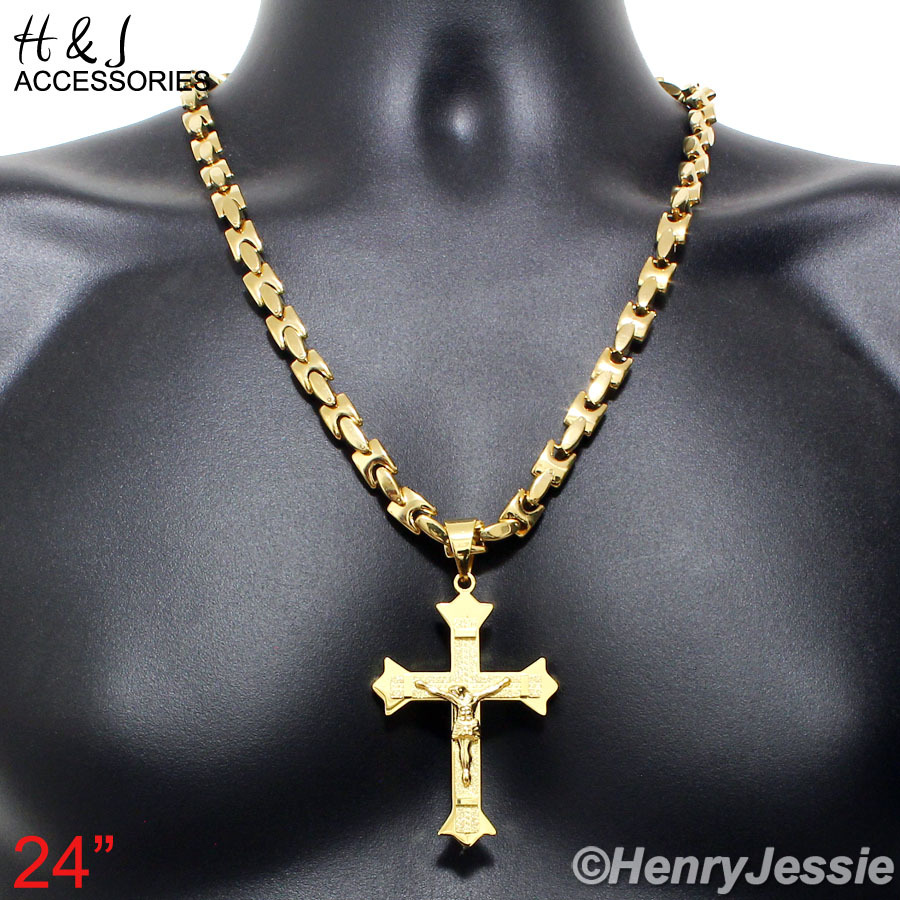 24″MEN Stainless Steel 8mm Gold Plated Interlock Bones Necklace Cross Pendant*28