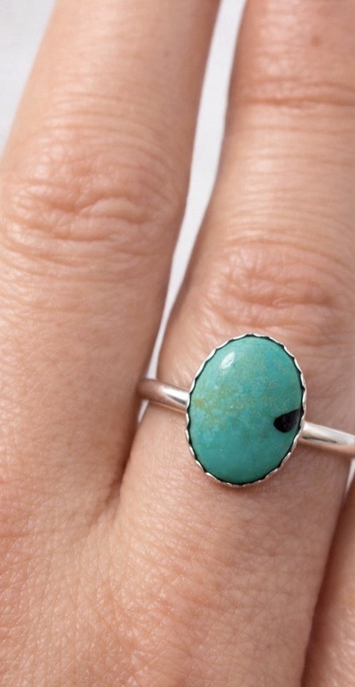 Turquoise Ring Sterling Silver Genuine Hubei Handmade Size 8 Oval Statement