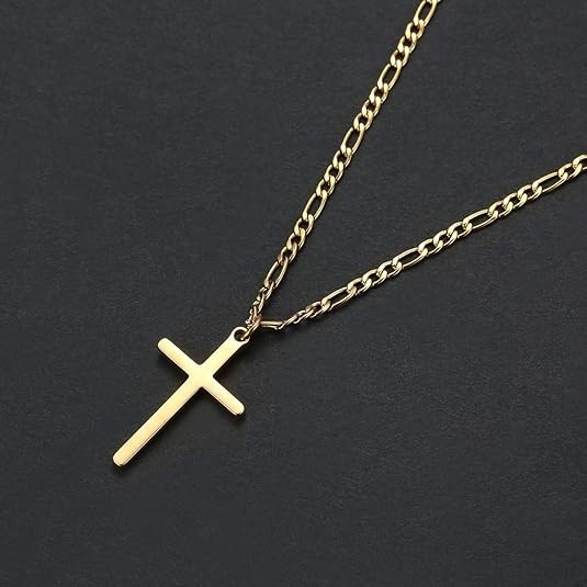 Collar de cruz chapado en oro de 14 quilates para hombre, cadena Figaro de acero