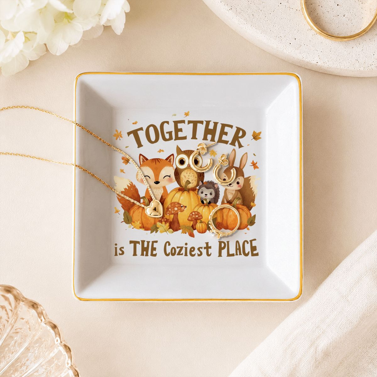 Together Is The Coziest Place Fall Woodland Animals Jewelry Dish Trinket Holder