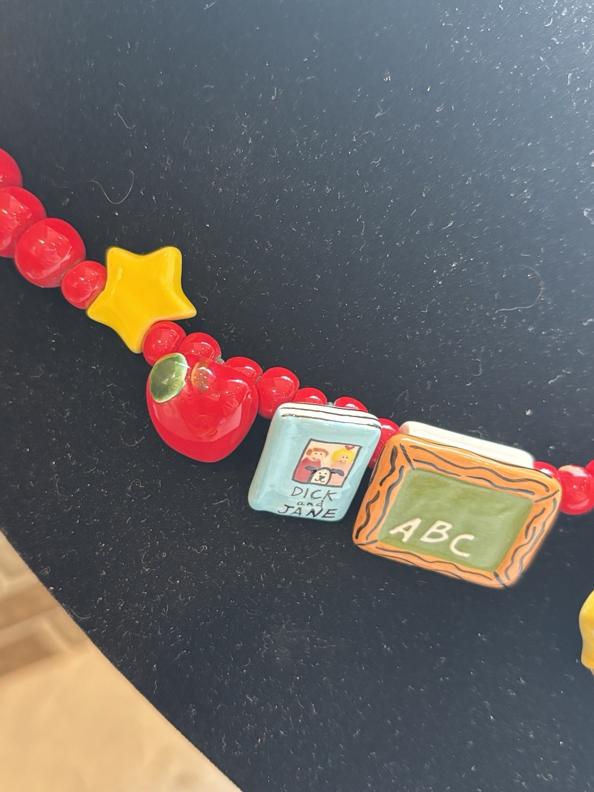Vintage Flying Colors Ceramic School Bus Teacher Necklace Dick Jane 1980s