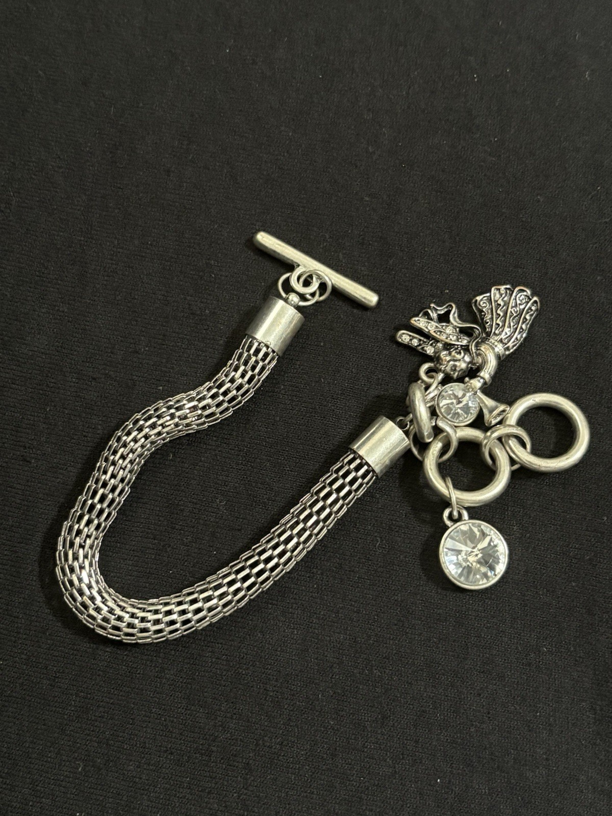 Vintage Silver Tone Fairy Charm Mesh Bracelet Crystal Dangle Toggle Statement 8”