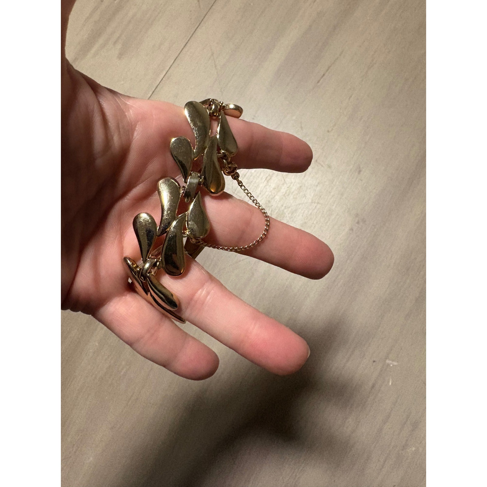 Vintage Monet Gold Tone Leaf Link Bracelet with Safety Chain Polished Finish