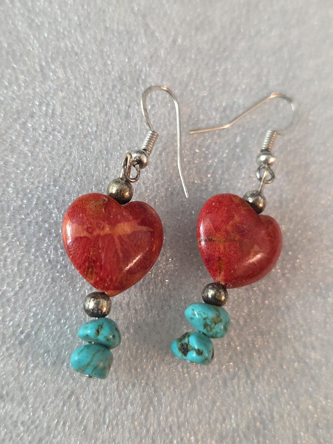 Red Heart Coral & Turquoise Bead Dangle Earrings N.A. Southwestern Handmade