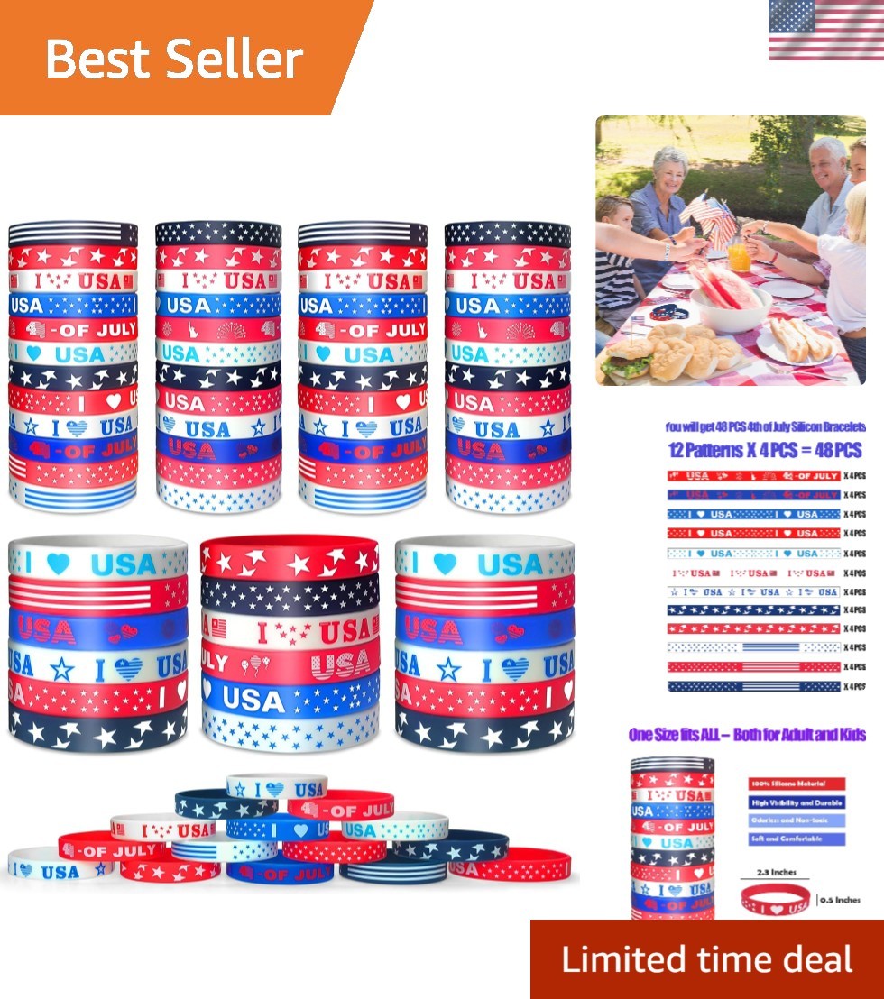 Multicolor Silicone Bracelets – 48PCS Independence Day Party Favors for All Ages