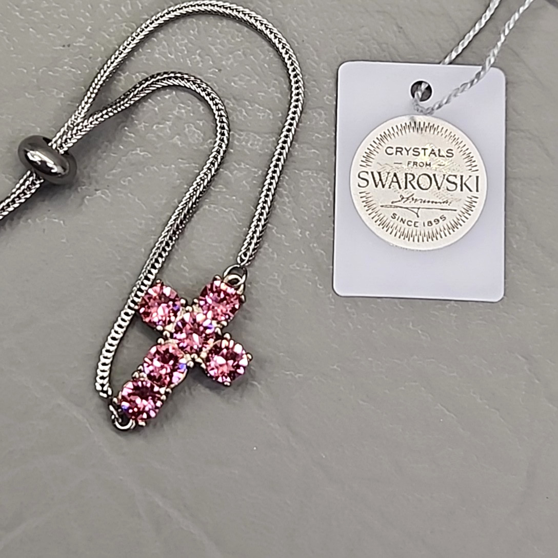Cross Bracelet STS Karis Made with Swarovski Rose Crystals Pink Steel Mix