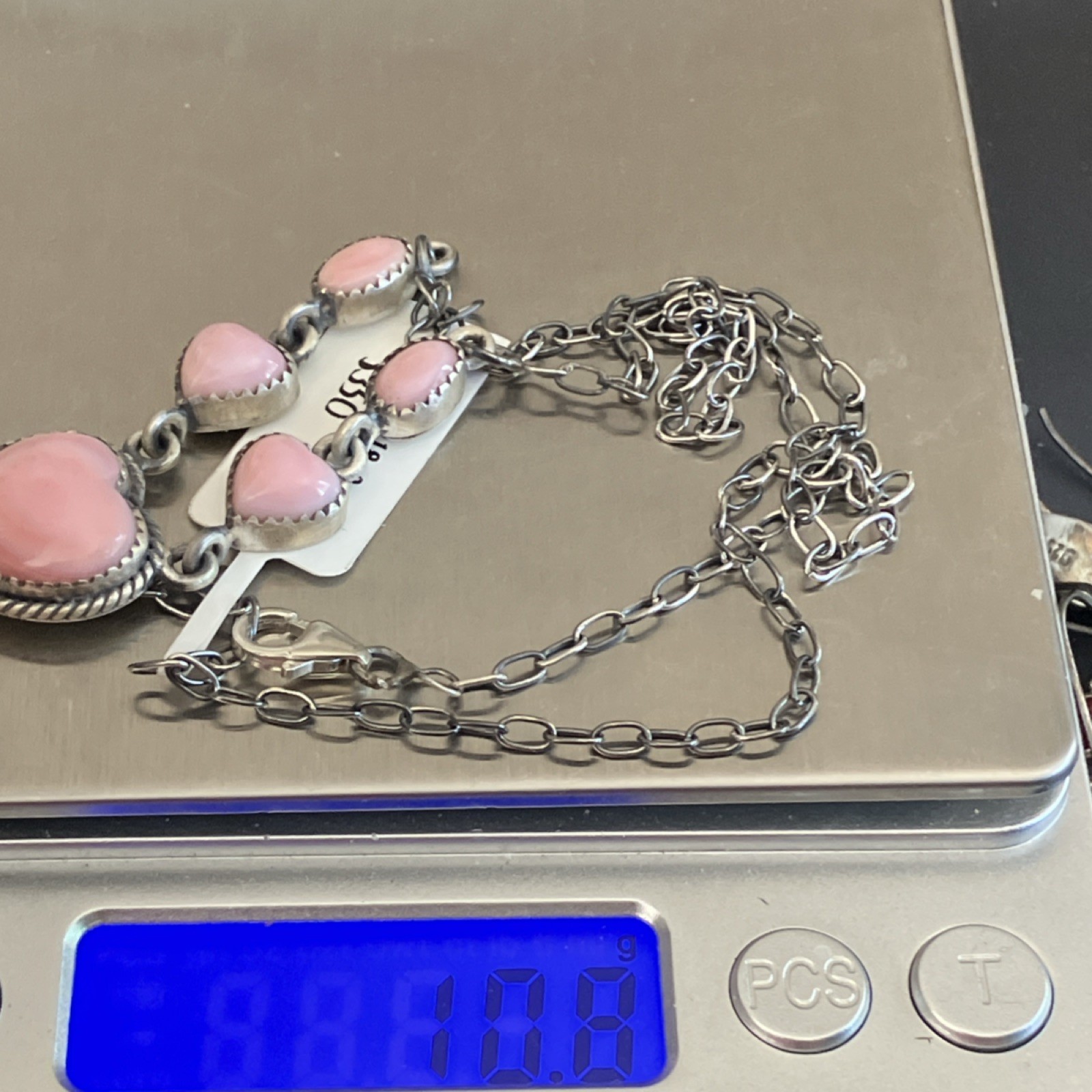Pink Conch Shell Heart Station Necklace 18″ Cable Signed Natural Sterling 925