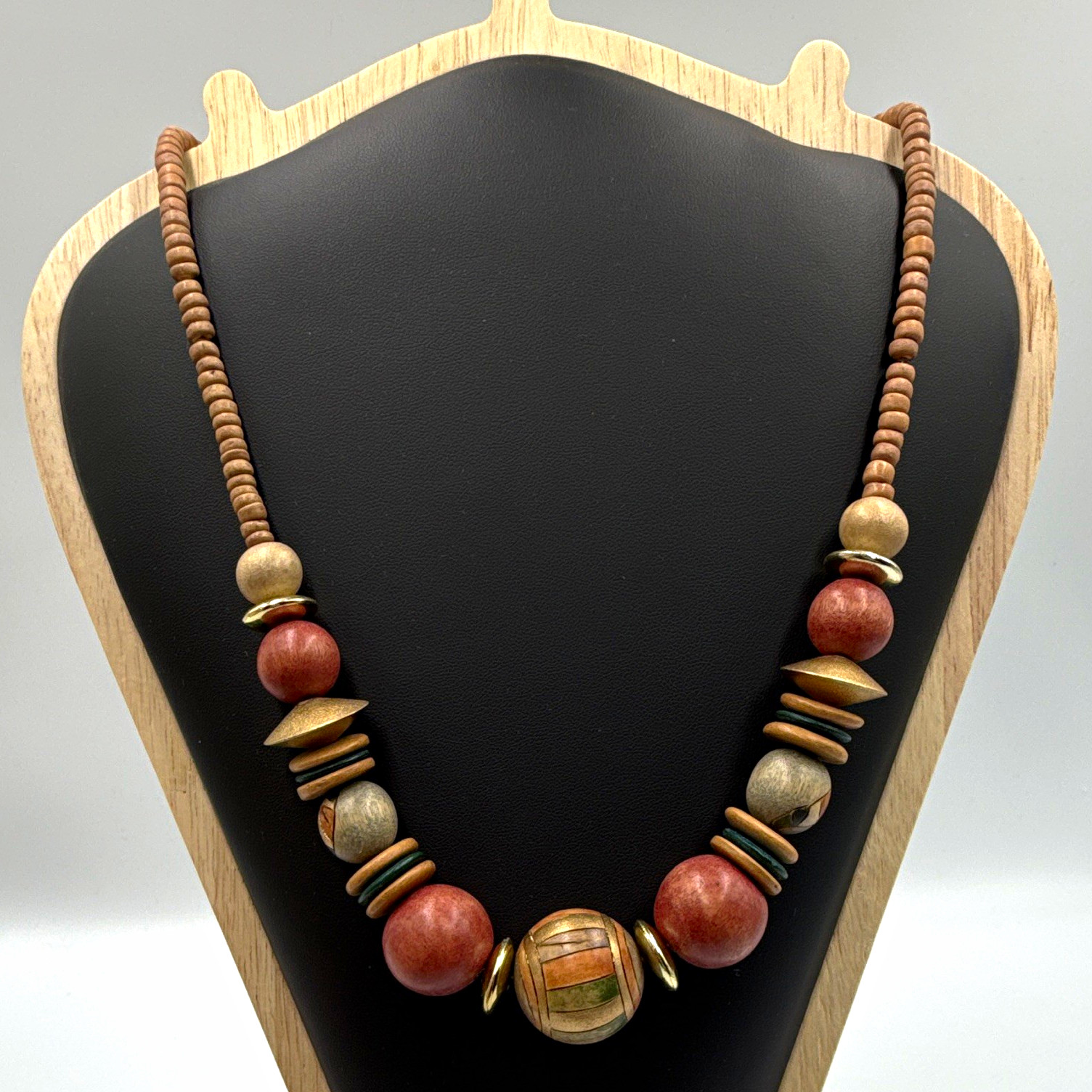 Vintage Boho Wooden Beaded Statement Necklace Earthy Orange Brown Chunky 20”