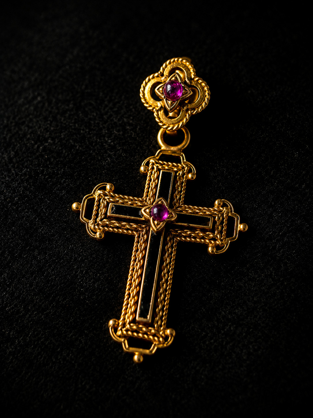 Antique Victorian 18K Gold Cross Pendant Black Enamel Natural Rubies Gothic 1870