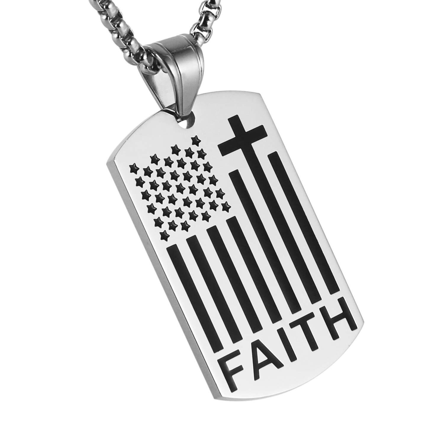 Men American Flag Cross Necklace Patriotic Verse Faith Dog Tag Pendant Chain
