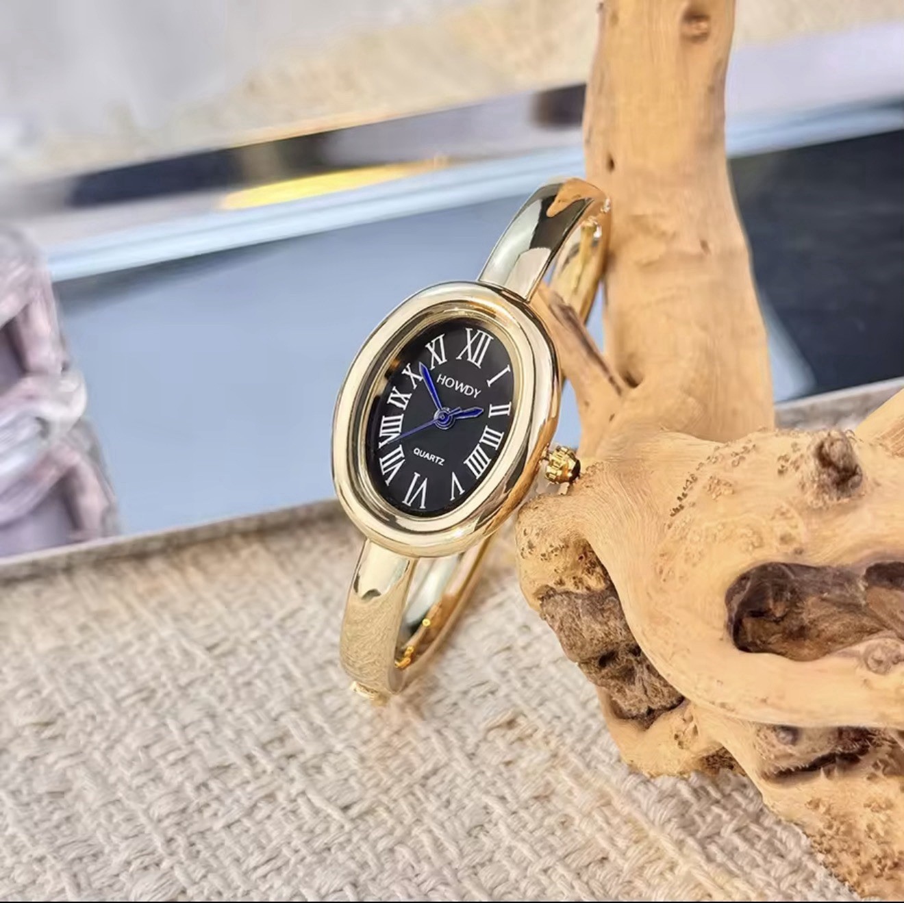 HOWDY Women’s Quartz Analog Oval Bangle Wristwatch Gold Tone Roman Dial