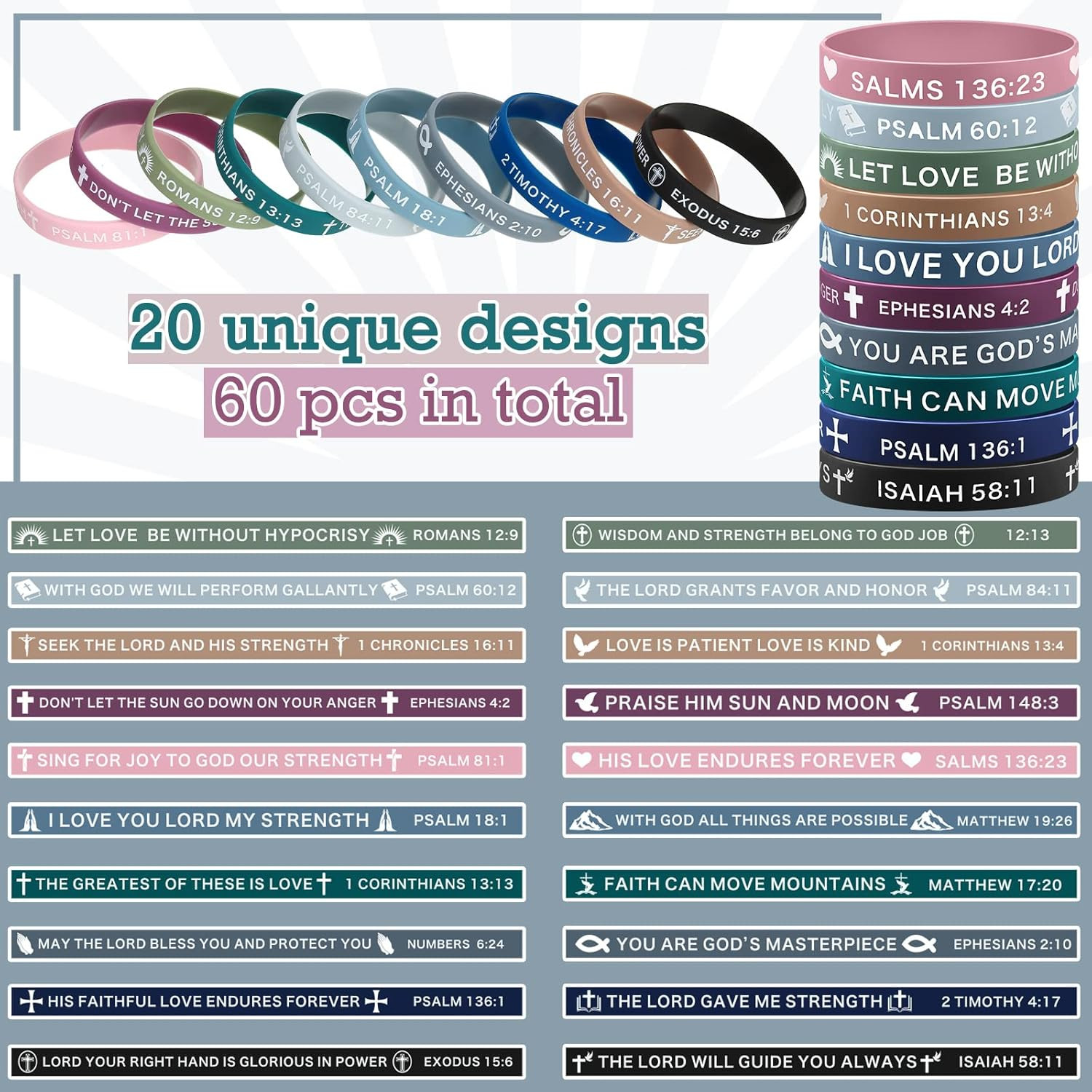 60 Pcs Silicone Bible Verse Bracelets – Inspirational Christian Wristbands
