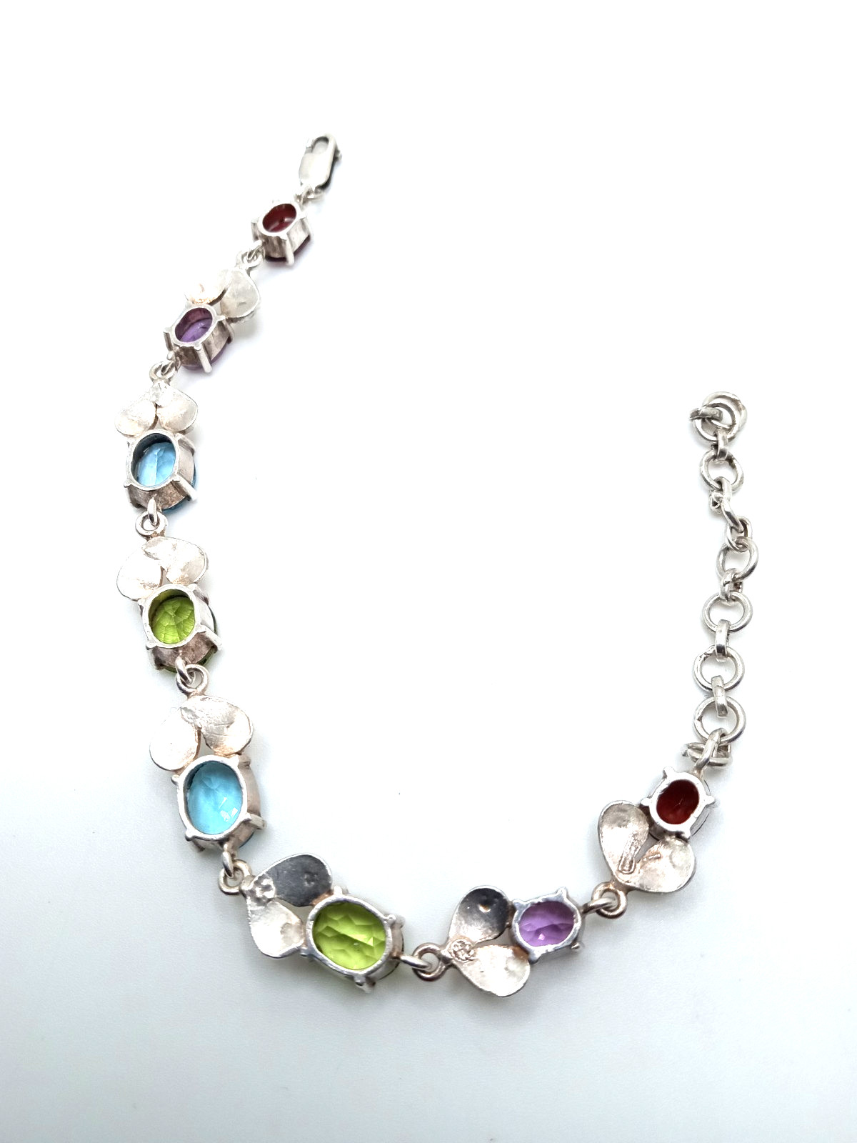 Vintage Sterling Silver Multi Gemstone 7 1/2 Inch Link Bracelet Lovely