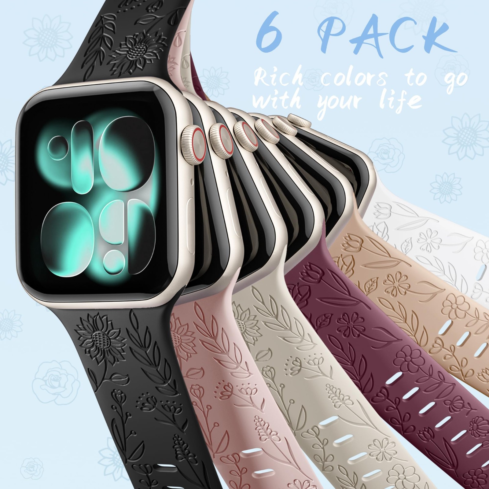 Floral Engraved Silicone Bands for Apple Watch 38mm-49mm, 6 Pack, Unisex Strap