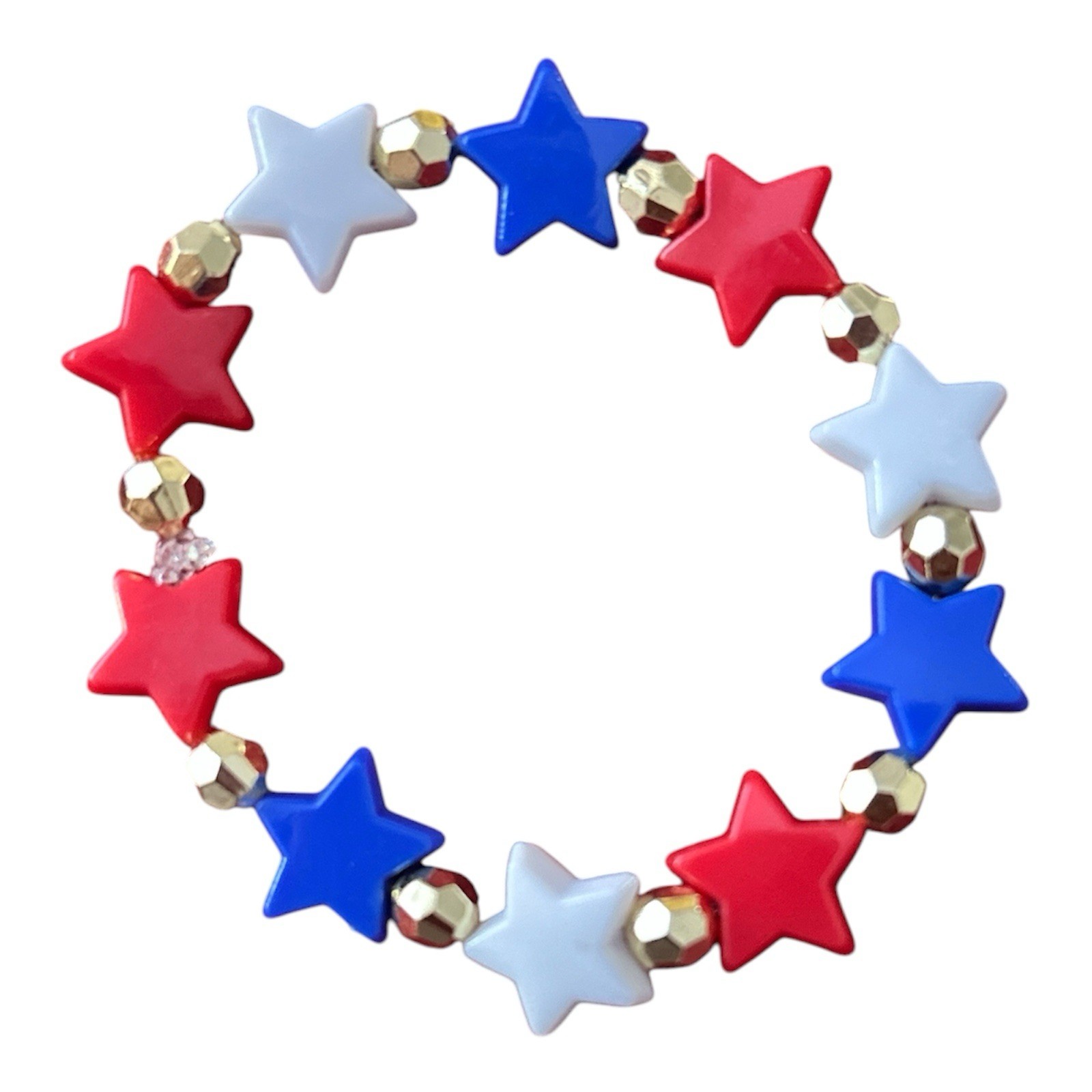 USA Patriotic Stretch Bracelet Red White Blue Stars Gold Spacer Beads