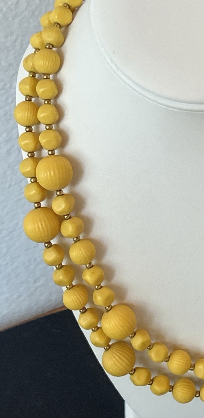 Vintage 2 Strand Yellow Beaded Necklace Textured Retro MCM Casual Woman’s 20″