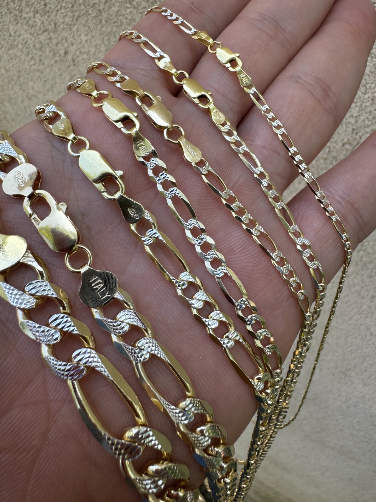 14k Gold Plated Solid 925 Sterling Silver Figaro Link Chain Two Tone Diamond Cut