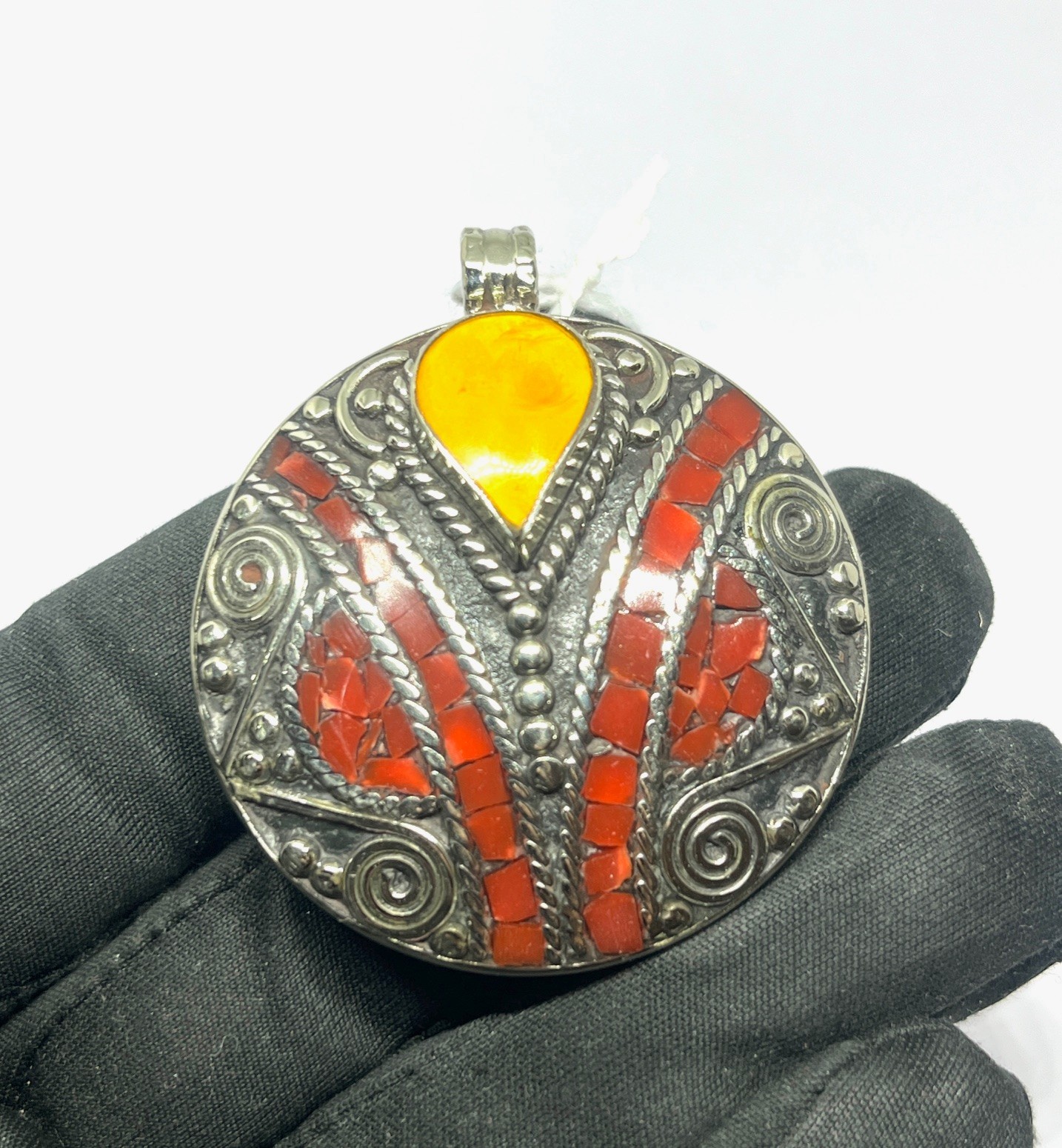 Antique Red Coral Amber Gemstone Tibetan Statement Pendant Jewelry, 2.0 inch