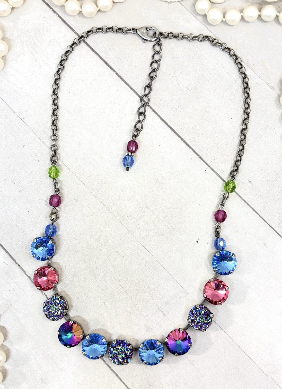 12mm Antique Silver Plated Ice Blue And Pink Druzy Cup Chain Statement Necklace