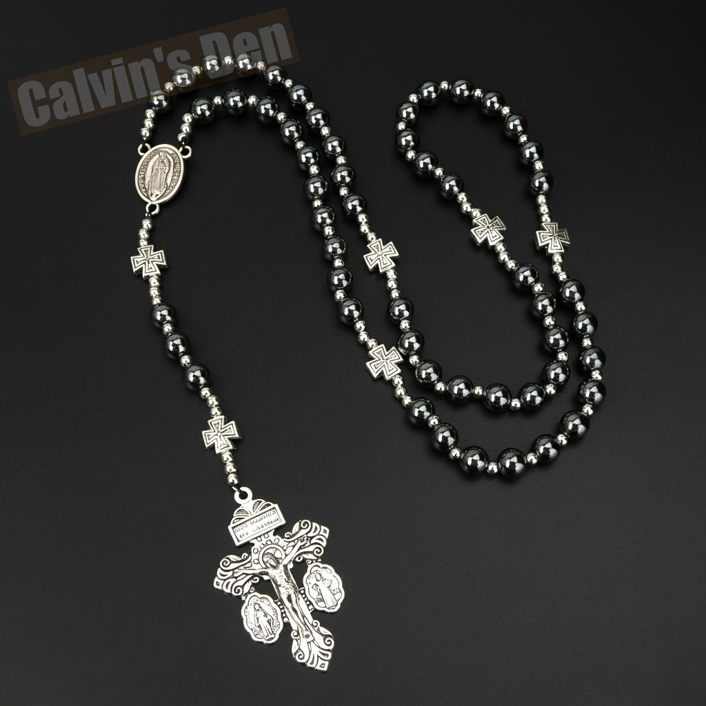 3-Way Pardon Crucifix Our Lady of Guadalupe Rosary Necklace Black Hematite Bead