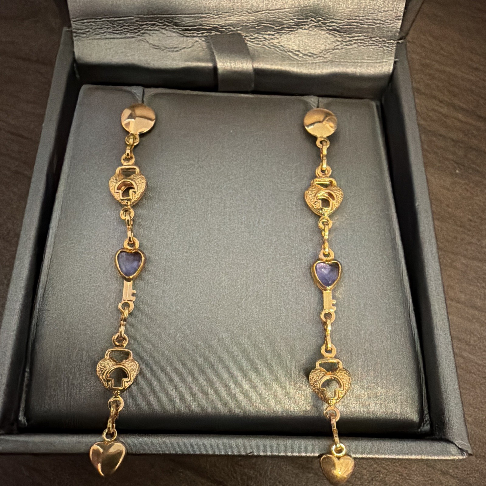 14k Yellow Gold filled Heart Key Dangle/Drop Earrings, Butterfly Back Closure