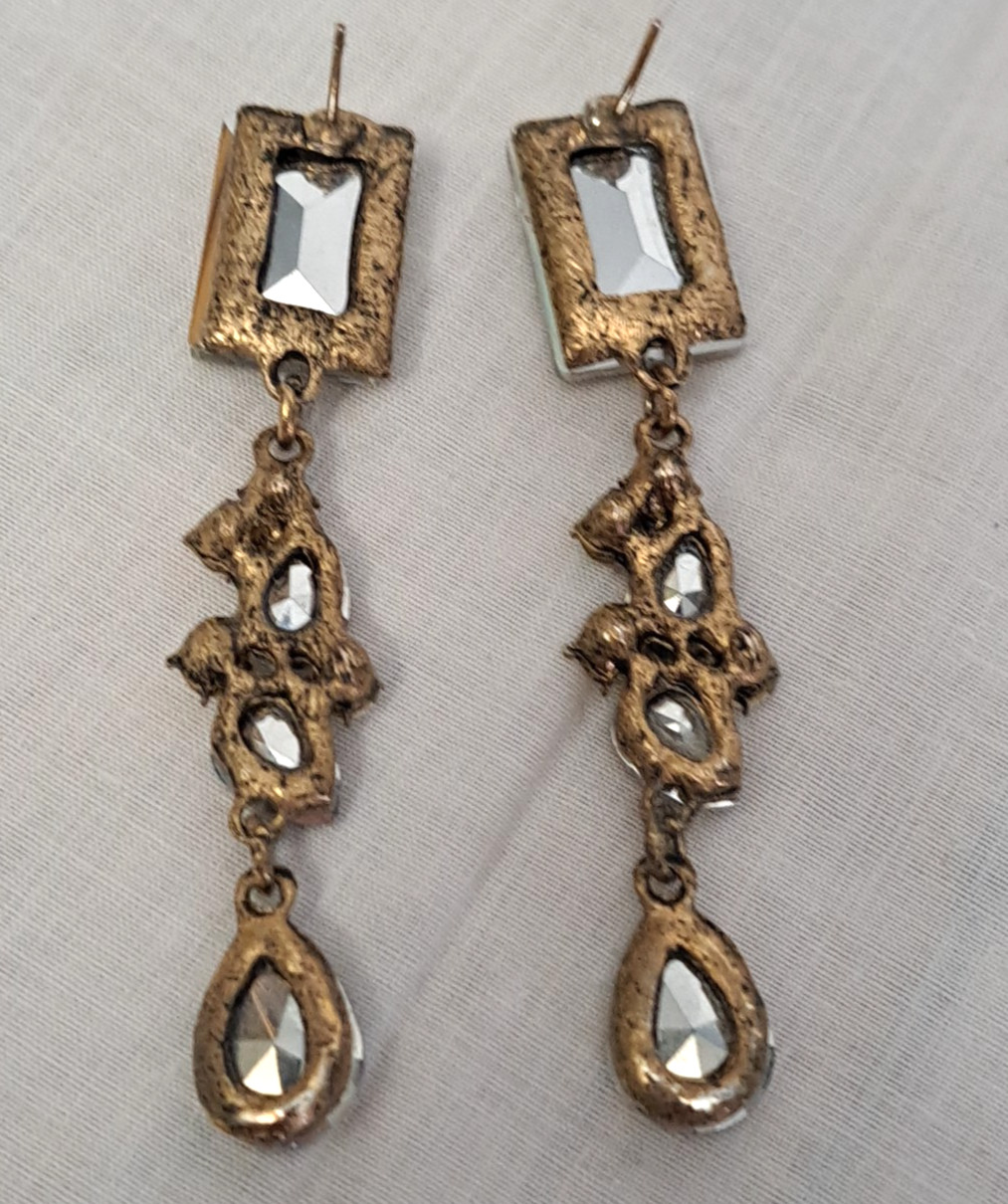 Jim Ball Crystal Gem Rectangle Pear Dangle Drop Earrings Champagne Prom Night
