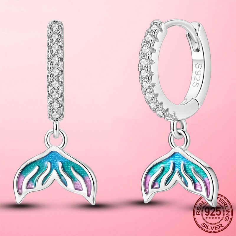 LAZA Original Women 925 Silver Hoop Earrings Sparkling Ocean Tail Jewelry