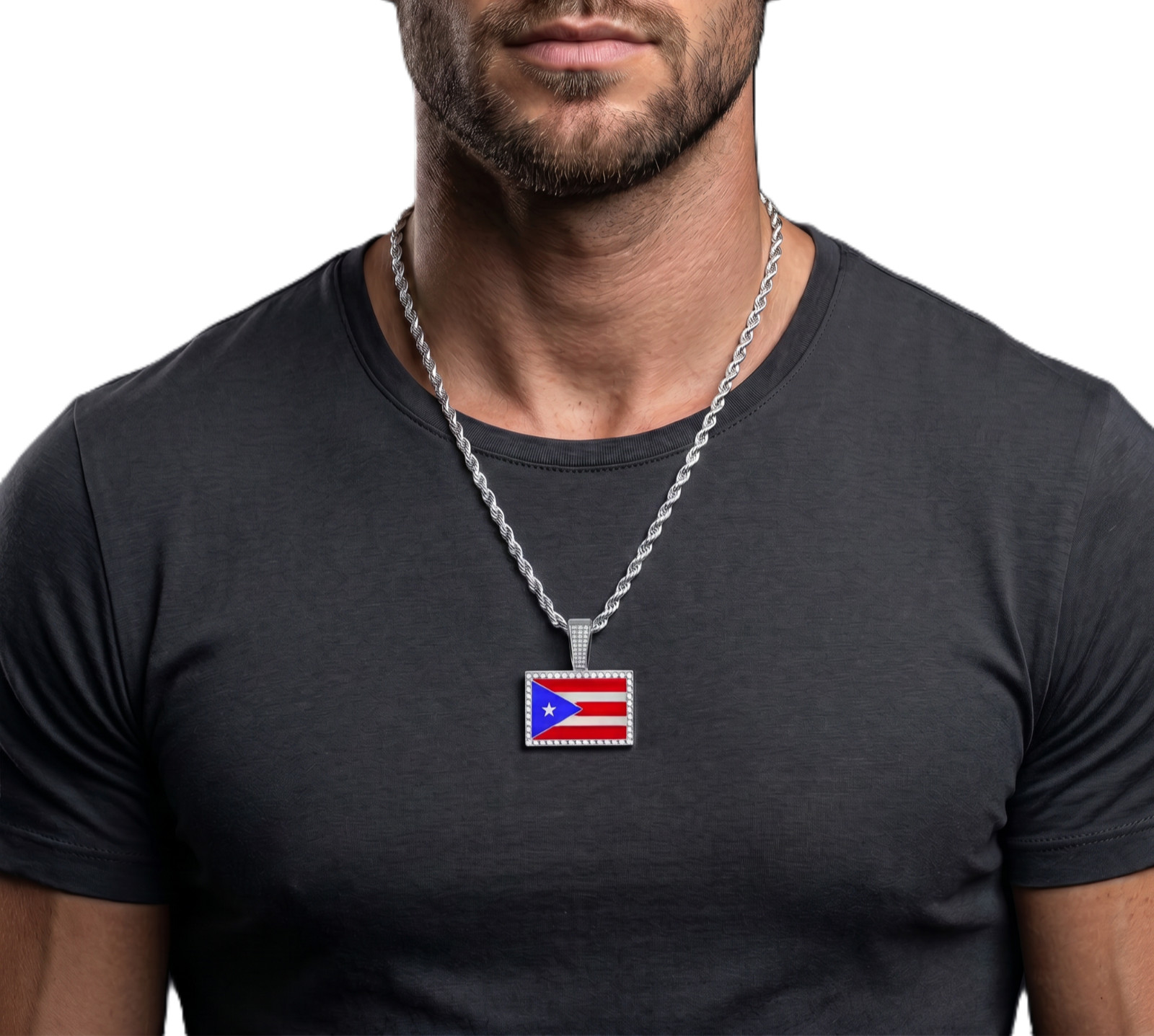 Men’s Silver Plated Iced Puerto Rico Flag Pendant 24″ Rope Chain Necklace 1046 S