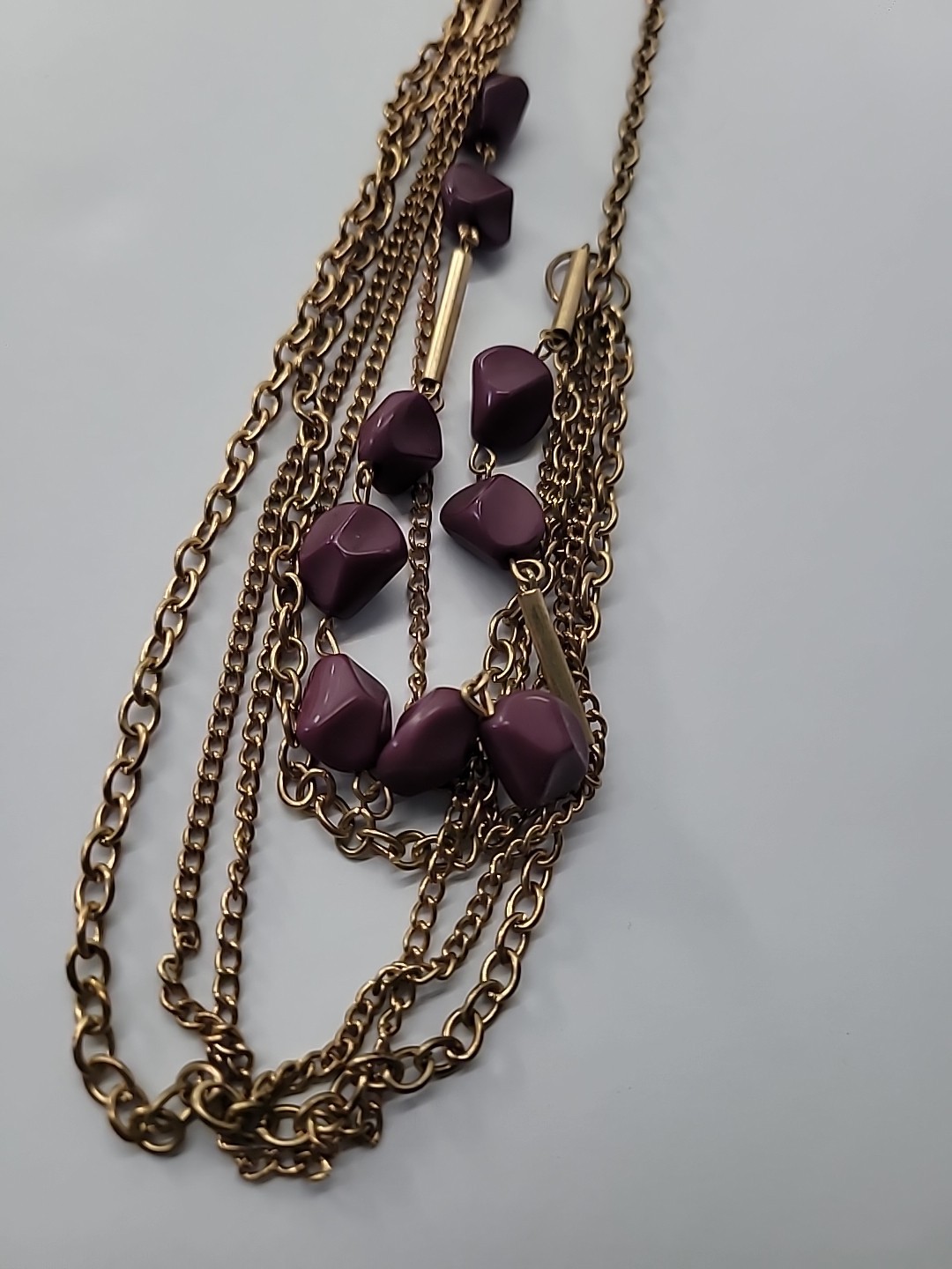 Vintage Necklace Multi Strand Chain Beaded Purple Bar Jewelry Costume