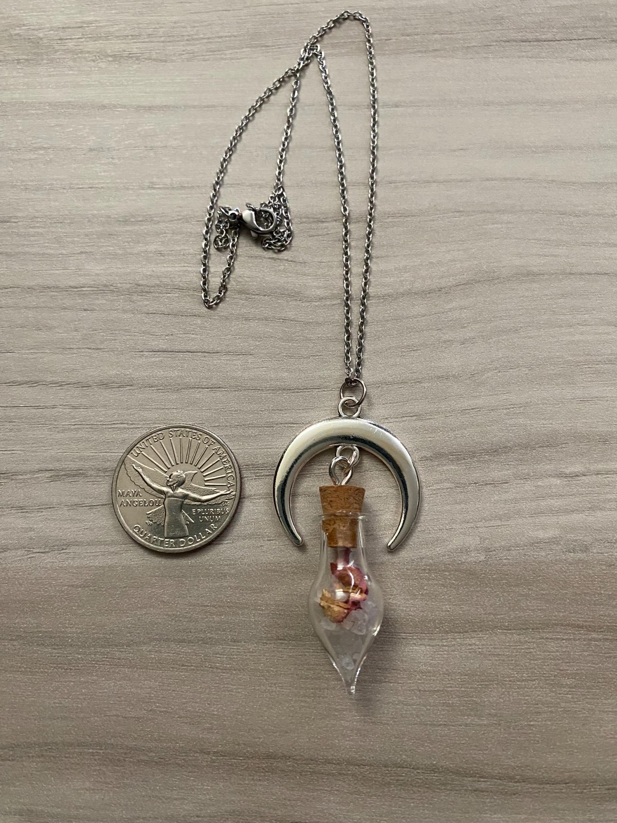 Crescent Moon Necklace Vial of Salt and Rose Petals Love Protection