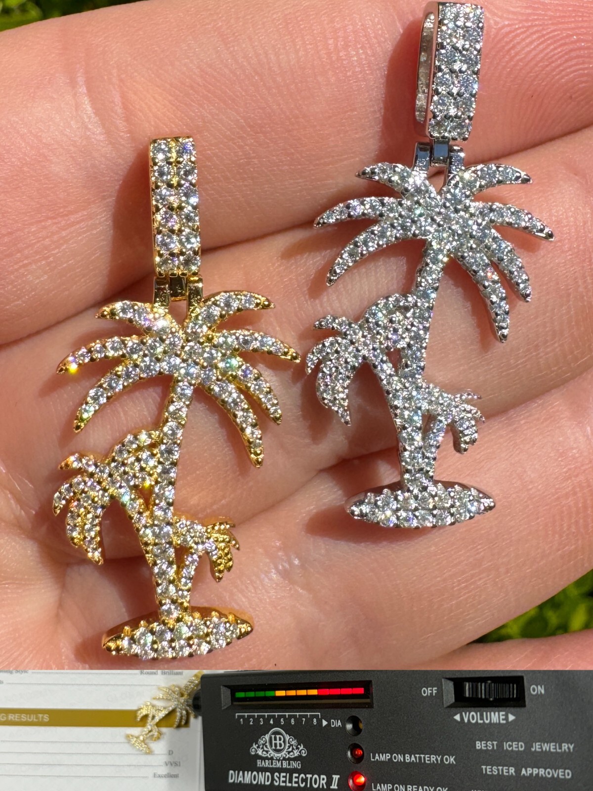 MOISSANITE Real 925 Silver Gold Palm Tree Necklace Pendant Iced Hip Hop Piece