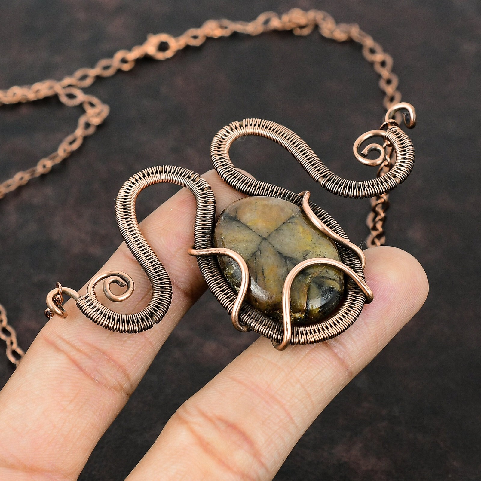 Gift For Her Chiastolite Wire Wrapped Necklace Adjustable Copper Jewelry 18.0″