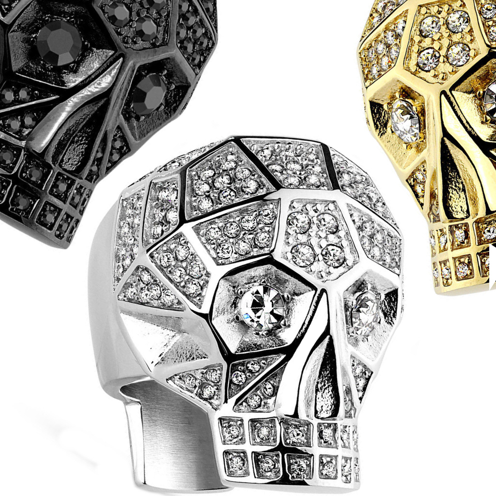 Crystal Paved Faceted Skull Stainless Steel Band Ring in Silver, Gold or Black