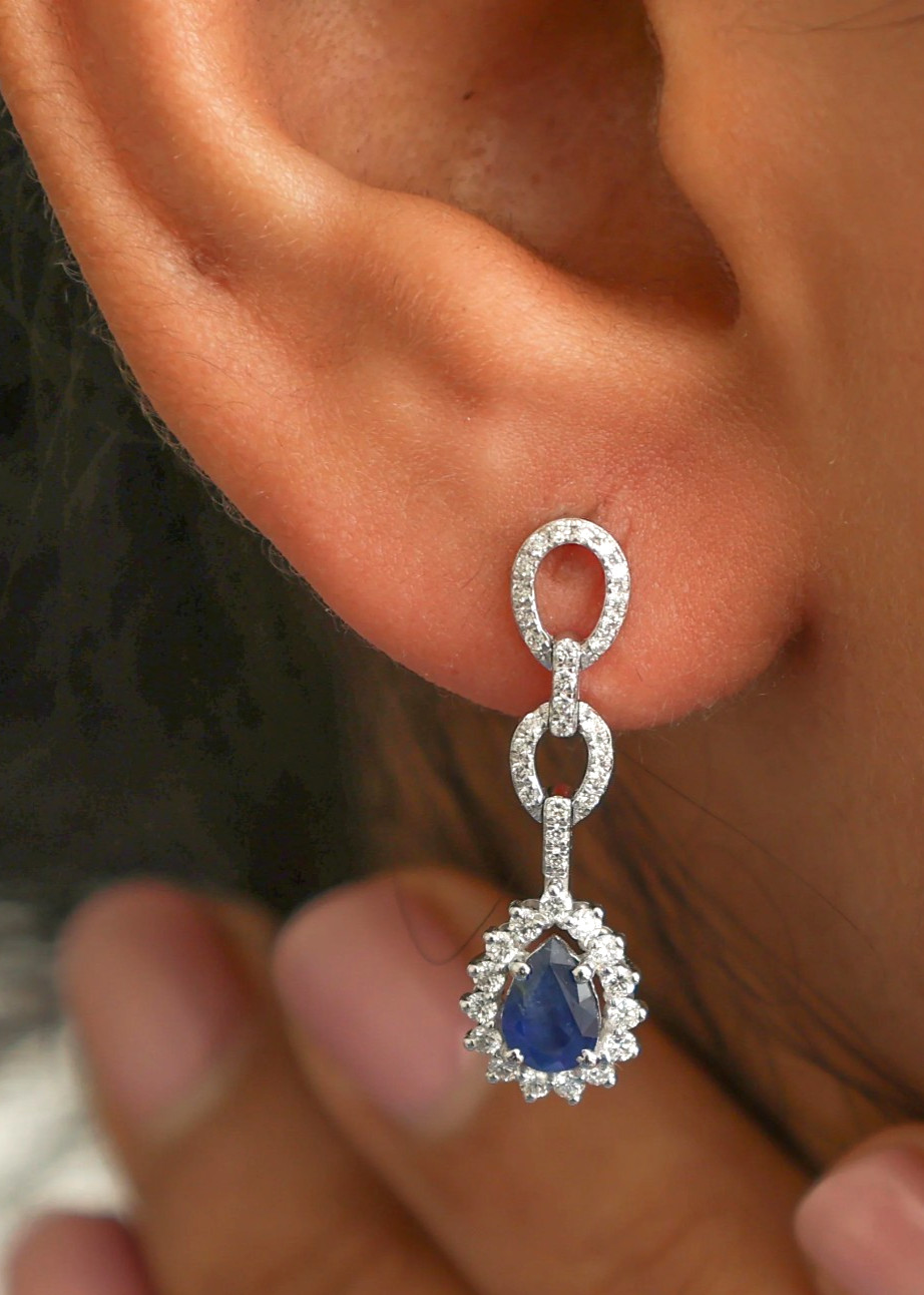1.68ct Natural Diamond 14k BIS Hallmarked White Gold Sapphire Dangler Earrings